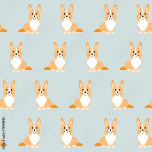 Corgi dog seamless pattern. Cute corgi sitting anfas  red and white color  with tail  on gray background. Funny cartoon pet character