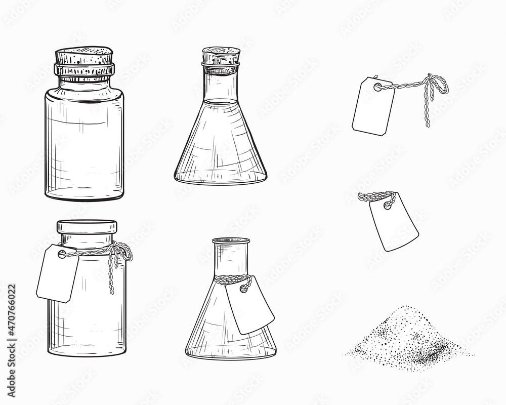 Hand drawn sketch black and white set of flask, bulb, label. Vector illustration. Elements in graphic style card, sticker, menu, package. Engraved style illustration. Hand drawn sketch black and white set of flask, bulb, label. Vector illustration. Elements in graphic style card, sticker, menu, package. Engraved style illustration.