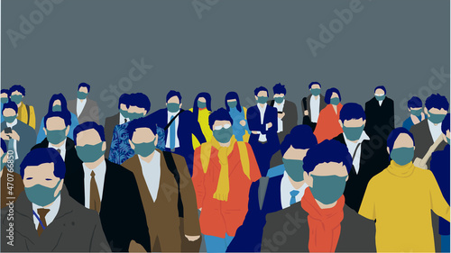 主線なしイラストのマスクをつけた日本人の群衆
