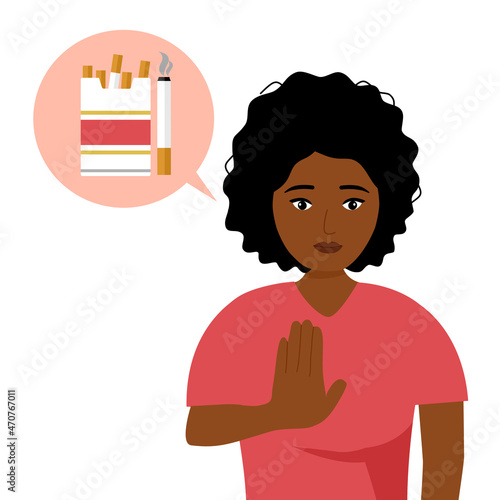African woman refuse cigarettes in flat design. Stop smoking for good health.