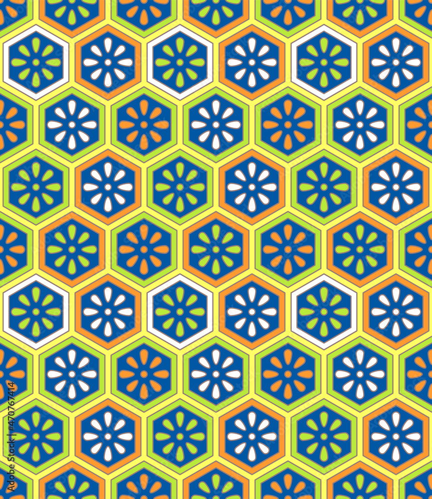 Japanese Bright Flower Hexagon Vector Seamless Pattern