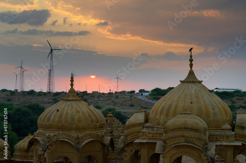 Beautiful sunset at Bada Bagh or Barabagh, means Big Garden,is a garden complex in Jaisalmer, Rajasthan, India, Royal cenotaphs for memories of Kings of Jaisalmer state. Tourist attraction.