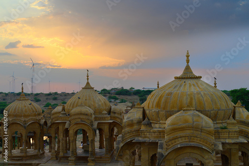 Beautiful sunset at Bada Bagh or Barabagh, means Big Garden,is a garden complex in Jaisalmer, Rajasthan, India, Royal cenotaphs for memories of Kings of Jaisalmer state. Tourist attraction. © mitrarudra