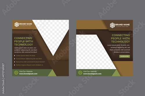 connecting people with technology social media post promotion banner template design premium. set of vector illustration use square layout with space for photo. combination brown and green colors