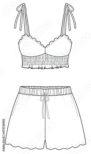 women sleepwear set wireless bra and boxer shorts fashion flat sketch vector illustration