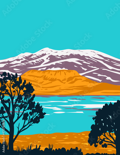 WPA poster art of Wild Horse State Recreation on the northeast shore of Wild Horse Reservoir north of Elko, Nevada United States of America USA done in works project administration style. 