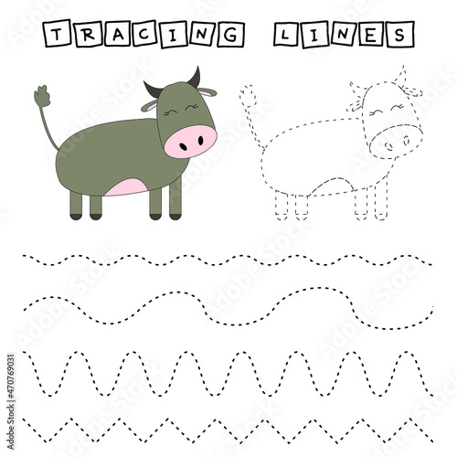 Trace line worksheet with  cow for kids, practicing fine motor skills.  Educational game for preschool children. 
