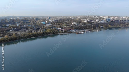 Downtown Of Galati City Beside The Danube River In Western Moldovia, Romania. aerial photo