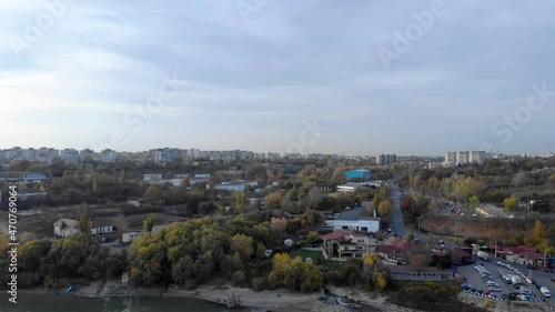 Panorama Of The Skyscrapers At Galati City In Western Moldovia, Romania. aerial, pullback photo