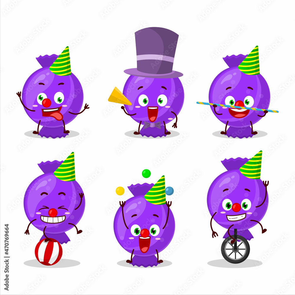 Cartoon character of blue candy wrap with various circus shows Cartoon character of blue candy wrap with various circus shows