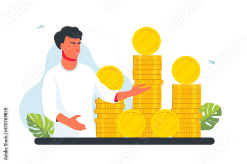 Discount, sale. Banker offering fast loan. Investor, entrepreneur getting income. Tiny Man standing with heap of cash coins.Financial success, profit, business concept. Income and money attraction