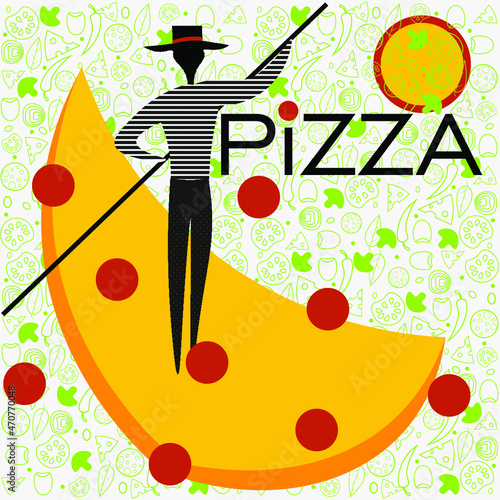 abstract minimal logo with gondolier silhouette on a slice of pizza
