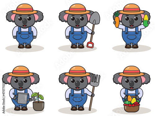 Vector illustration of Koala farmer cartoon. Cute farmer character design with straw hat. Character flat design. isolated on white.