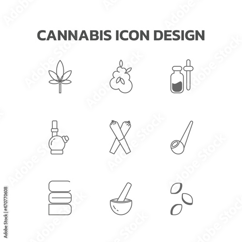 Art & Illustration, Cannabis icon design, flat icon of hemp, leaf, flower, oil, marijuana hookah, pipe, CBD, motar, seeds. Vector illustration.