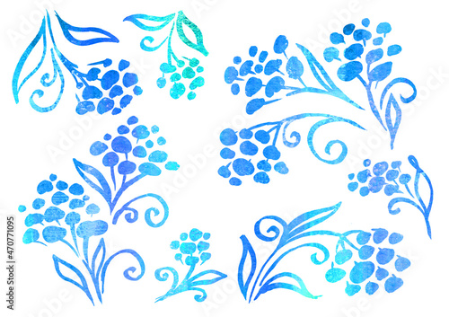 Watercolor artistic multicolor Set of Floral elements in the style of line art wedding theme on a white background. Doodle and scribble. Blue, green and turquoise Flower and leafs for postcard