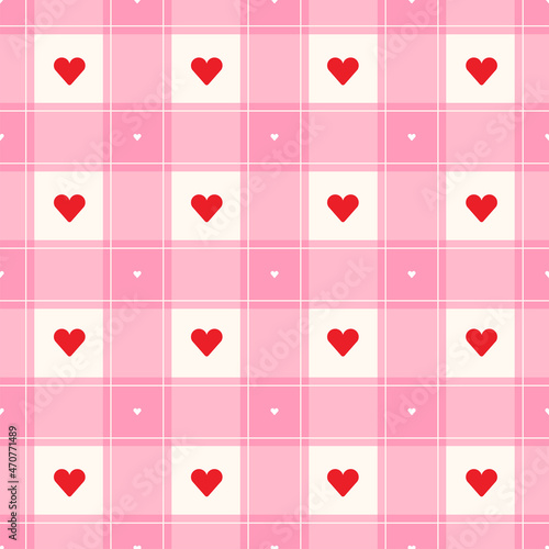 Cute Minimal Mini Heart Pink Red Checkered Gingham Pattern Editable Stroke. Cartoon Illustration, Mat, Fabric, Textile, Scarf, Wrapping Paper. 