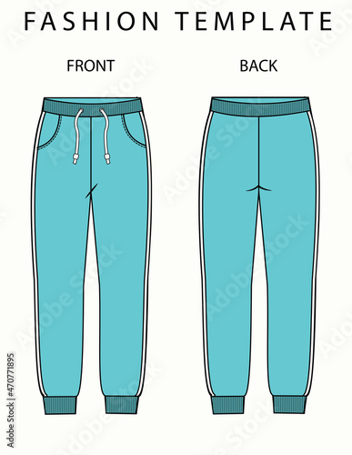 Sweatpants fashion Flat sketch templates, pant front and back view.