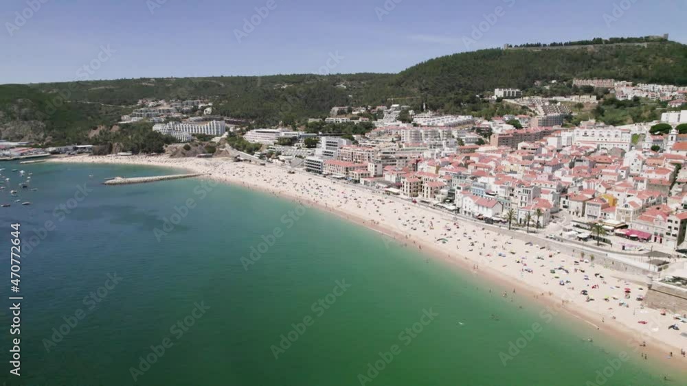 Aerial panoramic view of Sesimbra beach, Portugal Aerial panoramic view of Sesimbra beach, Portugal