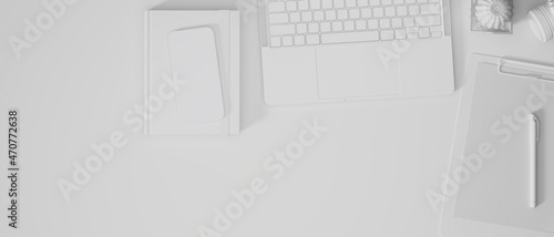 Flat lay, workspace with laptop computer and copy space. white monochrome