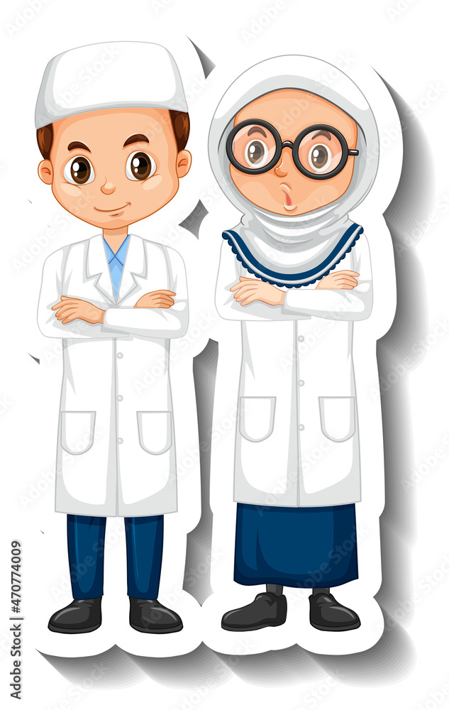 Scientist muslim couple kids cartoon character sticker Scientist muslim couple kids cartoon character sticker