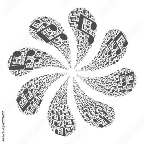 Musical notes icon swirl burst flower fireworks composition. Flower burst designed from scattered musical notes symbols.
