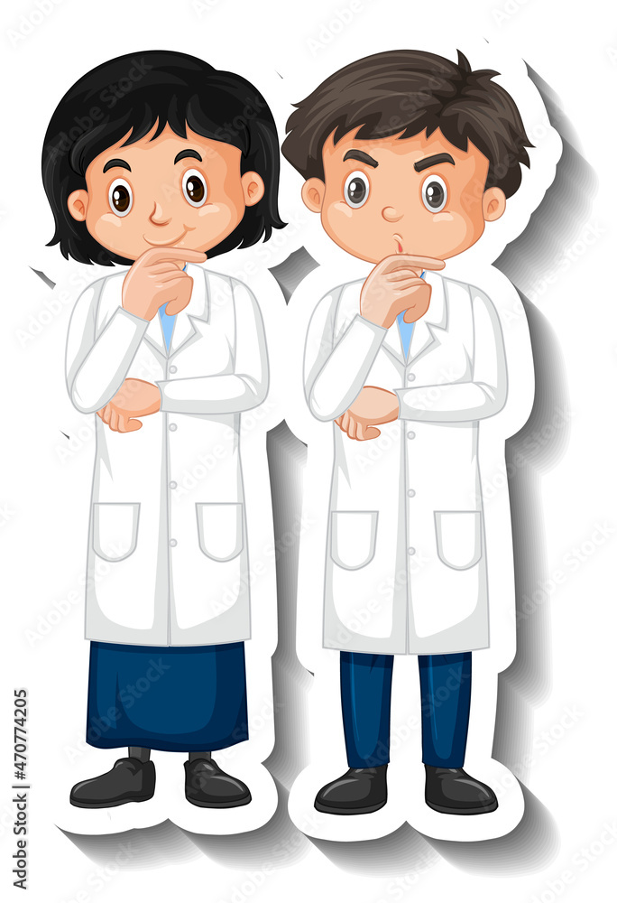 Scientist couple kids cartoon character sticker