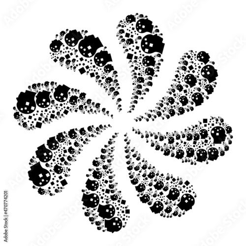 Memory compilation icon swirl abstract turbine fireworks shape. Turbine cyclone designed from scattered memory compilation icons.