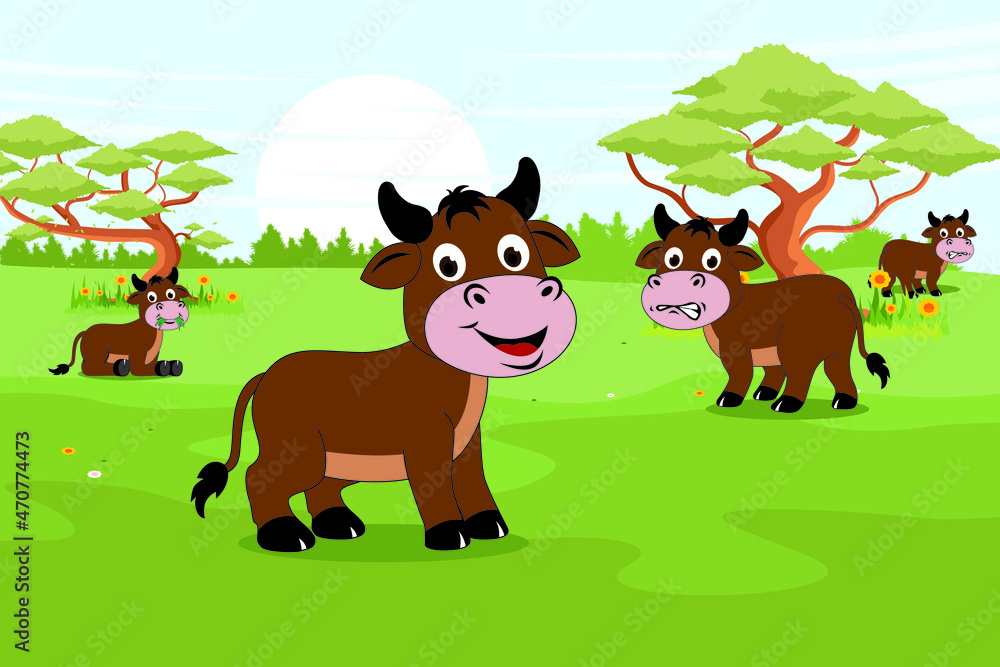 Green landscape. Buffalo at the farm illustration Green landscape. Buffalo at the farm illustration