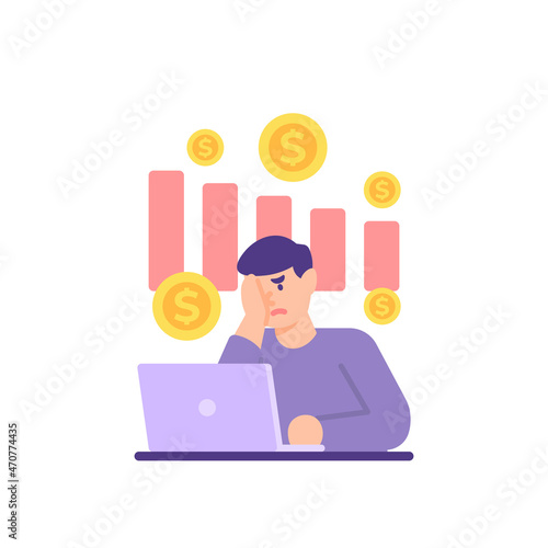 illustration of a man who is dizzy and depressed because his business is down. bankrupt, reduced income, loss, decreased turnover. business problem. flat cartoon style. vector design