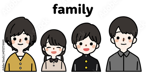 イラスト,ベクター,人物,セット,家族,ファミリー,2世代,2世代家族,二世代,一家,親子,子供,4人家族,夫婦,母娘,両親,母子,兄妹,兄,妹,学生,小学生,中学生,高校生,男性,女性,世帯,お父さん,父親,お母さん,母親,娘,息子,笑顔,女の子,男の子,キャラクター,バストアップ,顔,児童,幼児,制服,仲良し,一家団欒,シンプル,可愛い,かわいい,白バック,カラフル