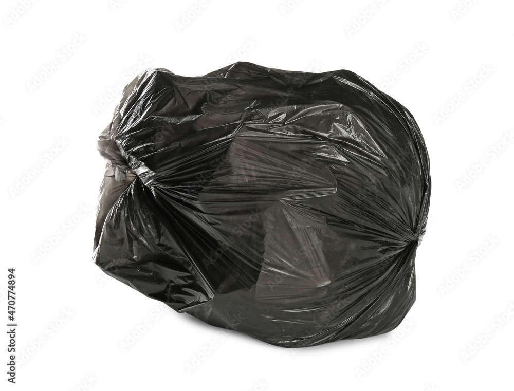 Black trash bag filled with garbage isolated on white