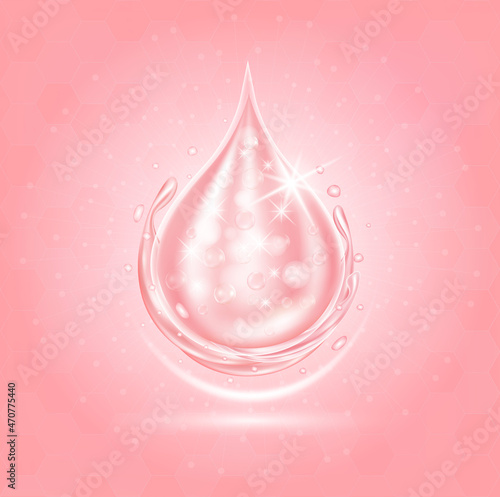 Pink collagen serum drop with cosmetic advertising background ready to use. Hyaluronic acid skin solutions. 3D vector illustration.