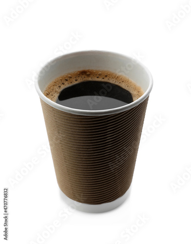 Aromatic coffee in takeaway paper cup isolated on white