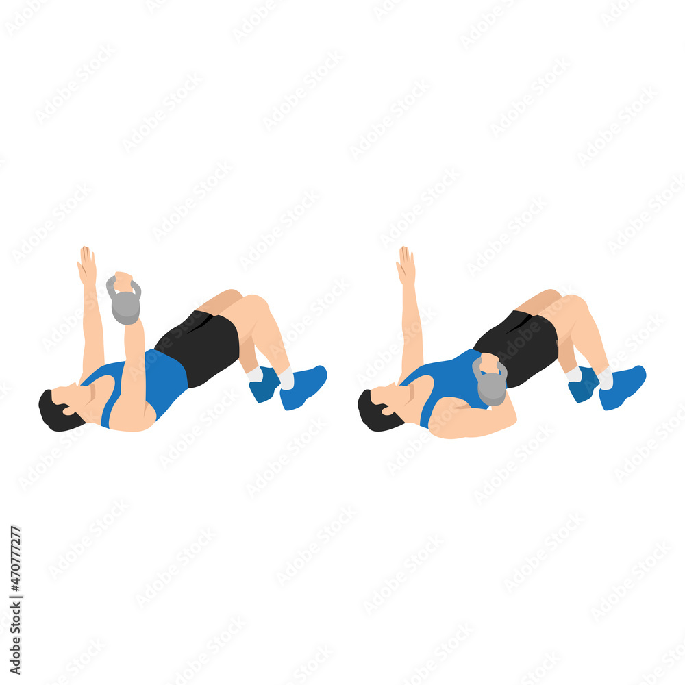 Naklejka premium Man doing Single arm. Floor glute bridge press exercise. Flat vector illustration isolated on white background. workout character set