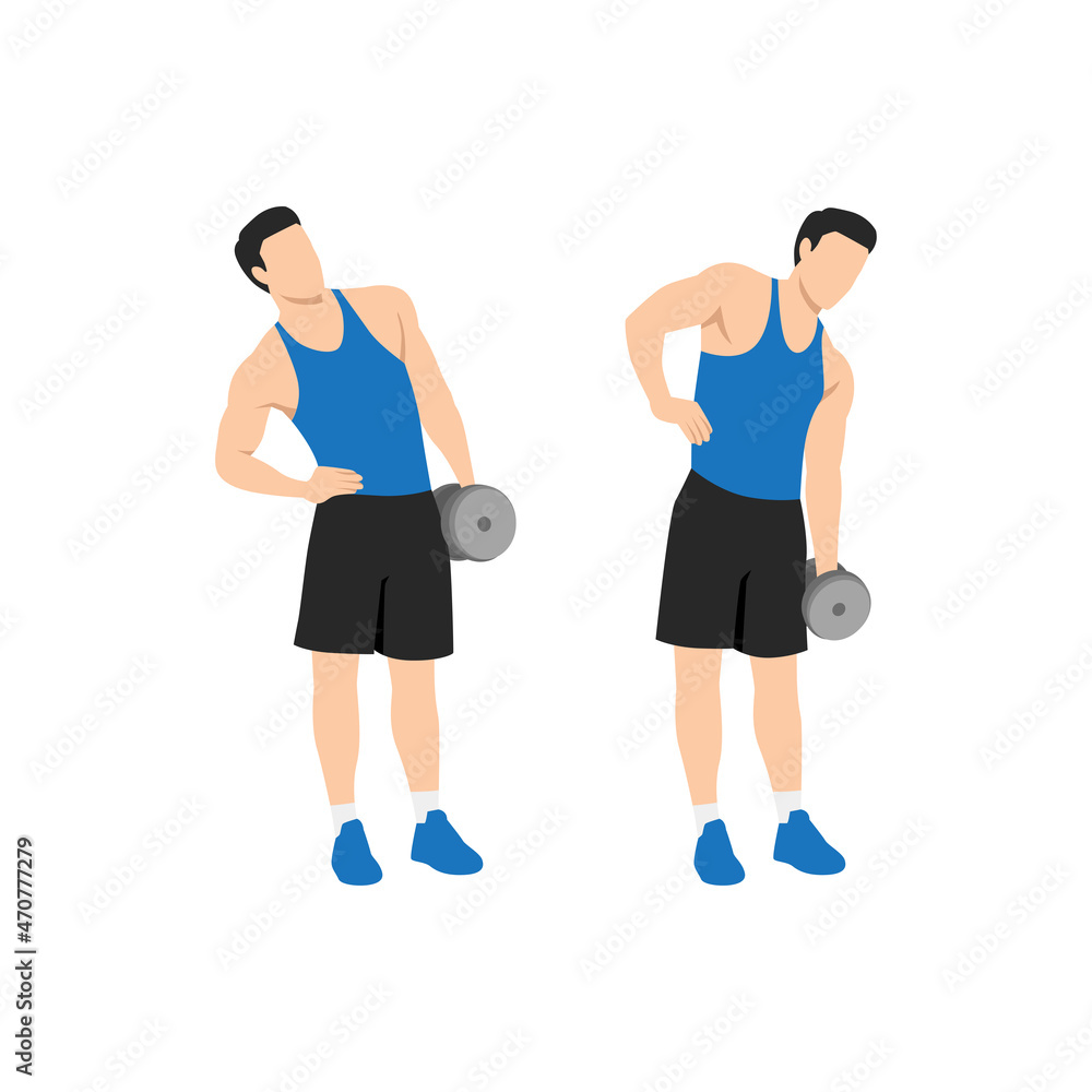 Man doing Standing dumbbell side bends exercise. Flat vector illustration isolated on white background. workout character set Man doing Standing dumbbell side bends exercise. Flat vector illustration isolated on white background. workout character set