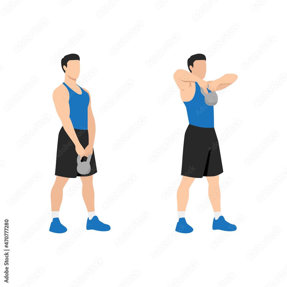 Man doing Upright kettlebell front rows exercise. Flat vector illustration isolated on white background. workout character set Man doing Upright kettlebell front rows exercise. Flat vector illustration isolated on white background. workout character set