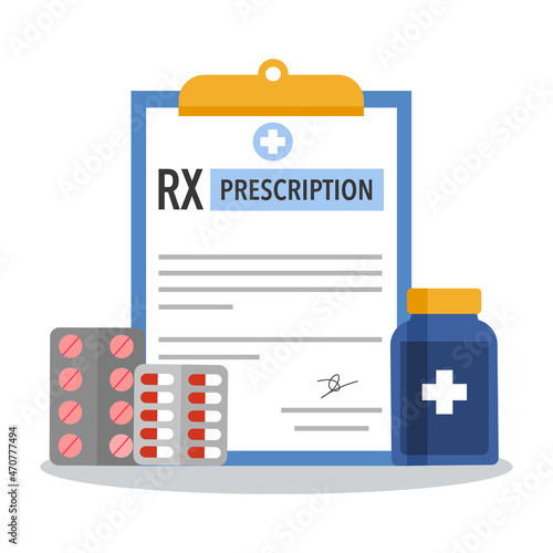 Medical RX prescription form with medicines tablets and capsules in flat design on white background.