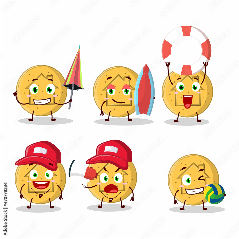 Happy Face dalgona candy house cartoon character playing on a beach Happy Face dalgona candy house cartoon character playing on a beach