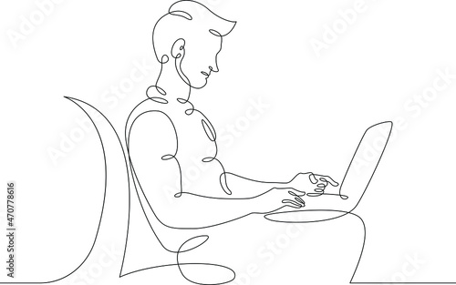 Young man sits with laptop. Communication and work on the Internet. Boy communicates using a computer.One continuous line .One continuous drawing line logo isolated minimal illustration.