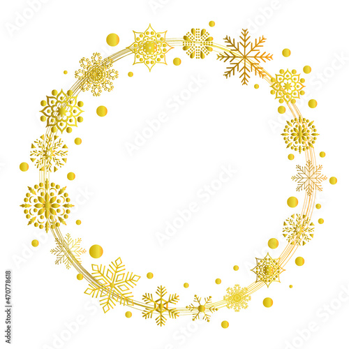christmas wreath of gold snowflakes. Design element for festive banner, birthday and greeting card, postcard, wedding invitation. Vector illustration. © Nadezhda Kozhedub