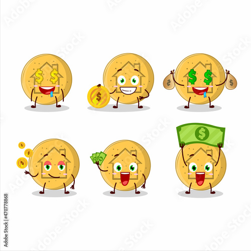 Fototapeta Naklejka Na Ścianę i Meble -  Dalgona candy house cartoon character with cute emoticon bring money