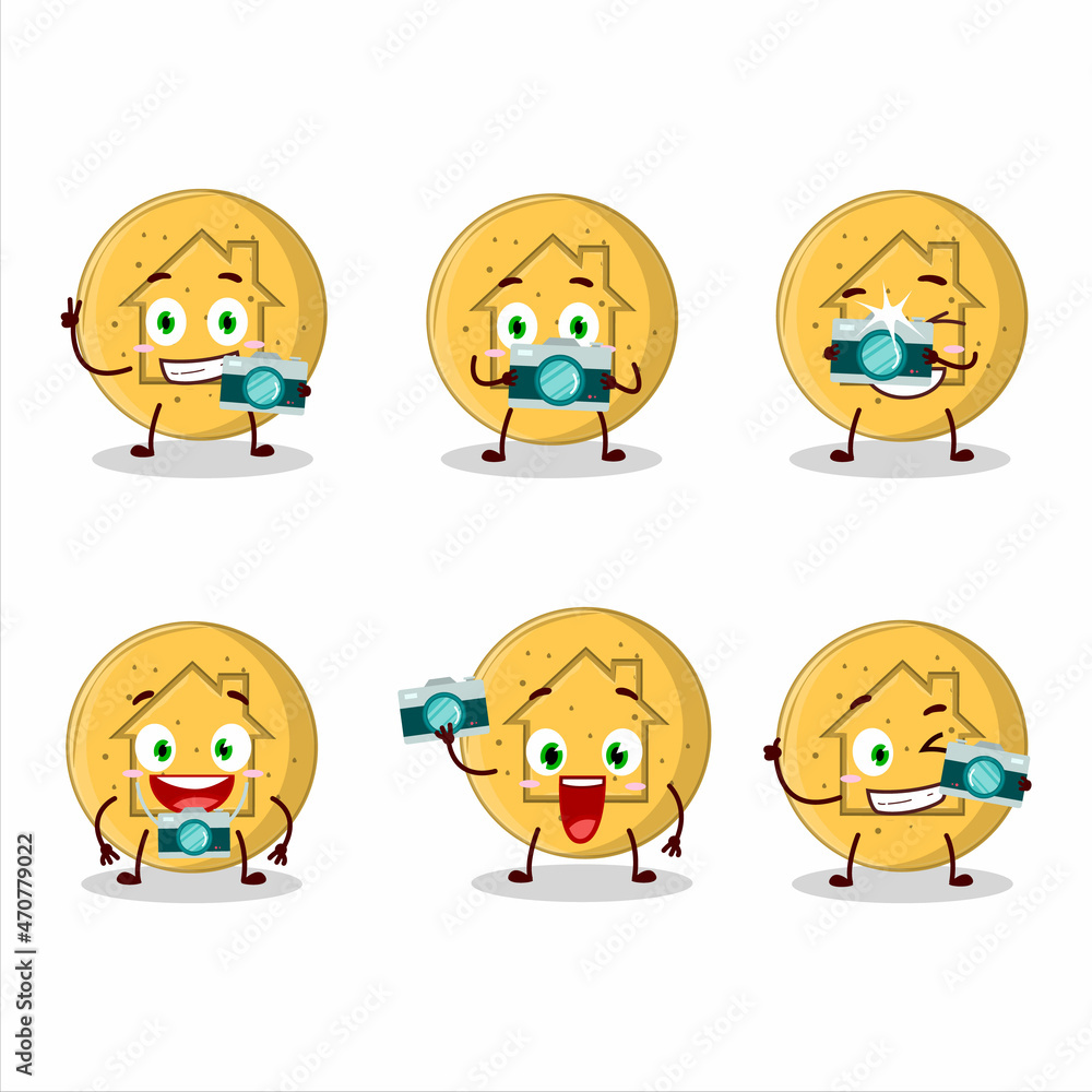 Photographer profession emoticon with dalgona candy house cartoon character