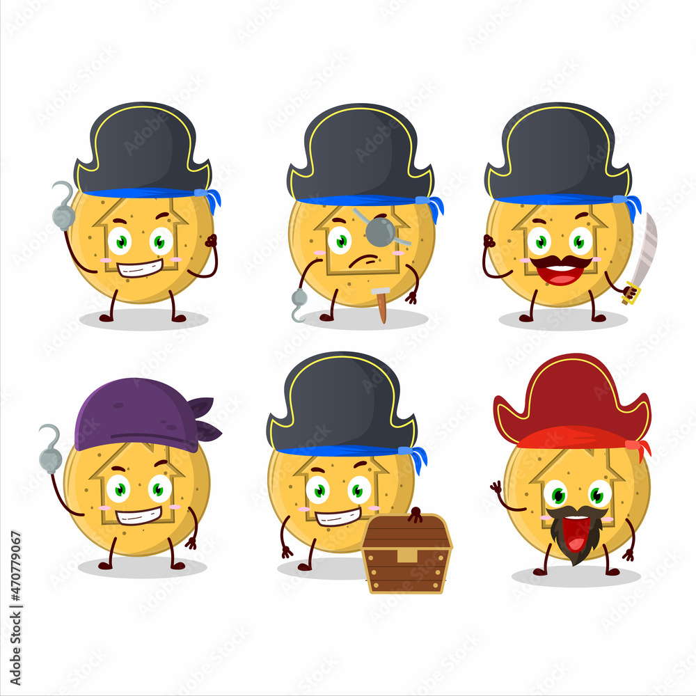 Cartoon character of dalgona candy house with various pirates emoticons