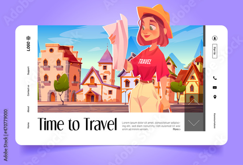 Time to travel cartoon landing page. Traveler girl learning map searching way in foreign antique city. Tourist woman summer vacation, travel agency service, character choose route, vector web banner