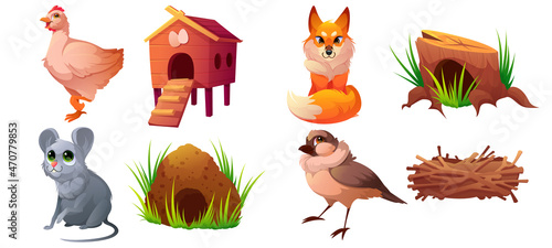 Set of pets, domestic or wild animals and their homes. Cute characters chicken and coop, fox and stump, mouse and burrow, sparrow and nest isolated on white background, Cartoon vector illustration