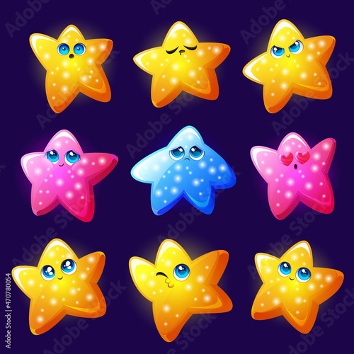 Set of cute stars characters, kawaii emoticons express different emotions. Cartoon joyful, sad, angry, loving and sleeping mascots, pink, yellow and blue colored personages, Vector illustration, icons