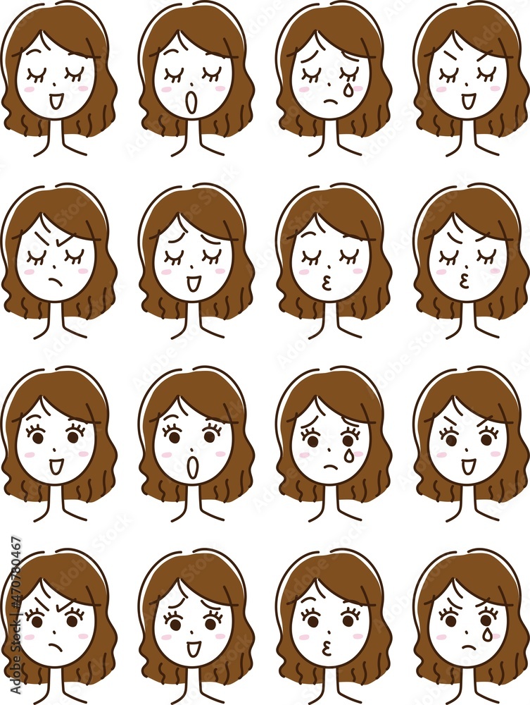 女性 表情 喜怒哀楽 手描き セット 女性 表情 喜怒哀楽 手描き セット