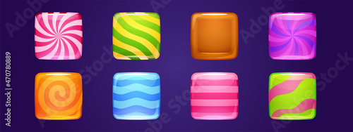 Set of candy app icons, game ui square buttons, cartoon lollipop menu interface, colorful blocks with stripes. Gui graphic design elements for user panel settings, isolated 2d vector illustration