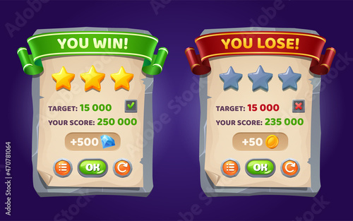 Game menu you win and lose gamer ui panel with buttons. Cartoon interface with gui elements, player rate stars, target score, ok, assets and restart boards, user profile isolated vector graphic design