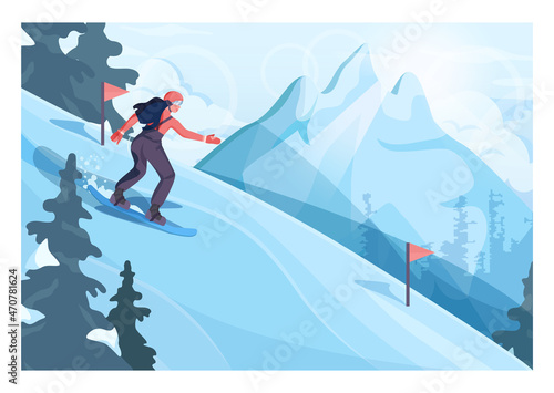 Ski resort track. Female character on snowboard. Snowboarder riding downhill.